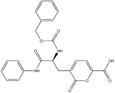 (-)-3-[(S)-2-(ベンジルオキシカルボニルアミノ)-2-(フェニルカルバモイル)エチル]-2-オキソ-2H-ピラン-6-カルボン酸 化学構造式
