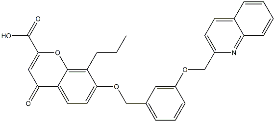 7-[3-[(2-キノリニル)メトキシ]ベンジルオキシ]-8-プロピル-4-オキソ-4H-1-ベンゾピラン-2-カルボン酸 化学構造式