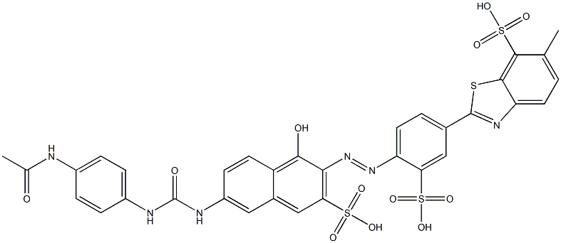 2-[4-[[6-[[[[4-(アセチルアミノ)フェニル]アミノ]カルボニル]アミノ]-1-ヒドロキシ-3-スルホ-2-ナフタレニル]アゾ]-3-スルホフェニル]-6-メチル-7-ベンゾチアゾールスルホン酸 化学構造式
