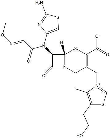 (7R)-7-[(2-アミノ-4-チアゾリル)(メトキシイミノ)アセチルアミノ]-3-[[(5-(2-ヒドロキシエチル)-4-メチルチアゾール-3-イウム)-3-イル]メチル]セファム-3-エン-4-カルボン酸 化学構造式