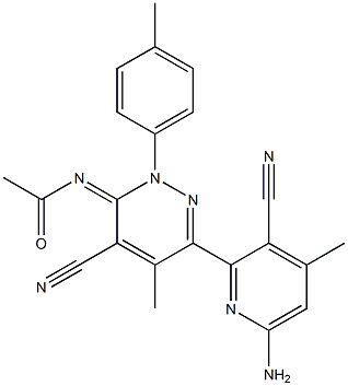 6-アセチルイミノ-3-(6-アミノ-3-シアノ-4-メチル-2-ピリジニル)-4-メチル-1-(4-メチルフェニル)-5-ピリダジンカルボニトリル 化学構造式
