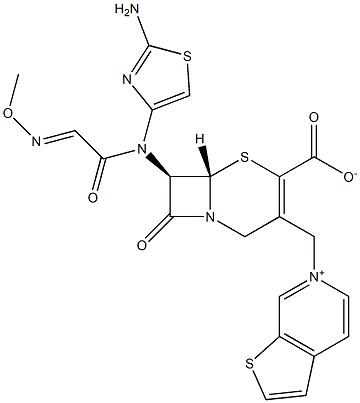(7R)-7-[(2-アミノ-4-チアゾリル)(メトキシイミノ)アセチルアミノ]-3-[[(チエノ[2,3-c]ピリジン-6-イウム)-6-イル]メチル]セファム-3-エン-4-カルボン酸 化学構造式