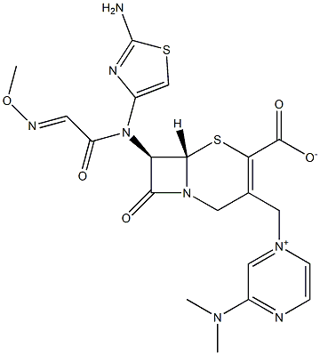 (7R)-7-[(2-アミノ-4-チアゾリル)(メトキシイミノ)アセチルアミノ]-3-[[(3-ジメチルアミノピラジン-1-イウム)-1-イル]メチル]セファム-3-エン-4-カルボン酸 化学構造式