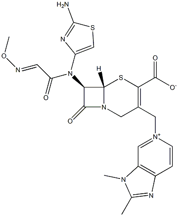 (7R)-7-[(2-アミノ-4-チアゾリル)(メトキシイミノ)アセチルアミノ]-3-[[2,3-ジメチル-(3H-イミダゾ[4,5-c]ピリジン-5-イウム)-5-イル]メチル]セファム-3-エン-4-カルボン酸 化学構造式