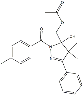 酢酸[[2-(4-メチルベンゾイル)-5-フェニル-4,4-ジメチル-3,4-ジヒドロ-3-ヒドロキシ-2H-ピラゾール]-3-イル]メチル 化学構造式