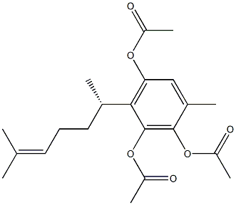 (-)-4-[(R)-1,5-ジメチル-4-ヘキセニル]-2,3,5-トリ(アセチルオキシ)トルエン 化学構造式