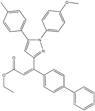 (Z)-3-(4-フェニルフェニル)-3-[[1-(4-メトキシフェニル)-5-(4-メチルフェニル)-1H-ピラゾール]-3-イル]プロペン酸エチル 化学構造式