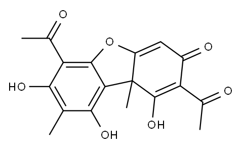(+)-2,6-ジアセチル-1,7,9-トリヒドロキシ-8,9b-ジメチルジベンゾフラン-3(9bH)-オン 化学構造式