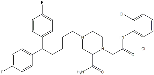 N-(2,6-ジクロロフェニル)-2-(アミノカルボニル)-4-[5,5-ビス(4-フルオロフェニル)ペンチル]ピペラジン-1-アセトアミド 化学構造式
