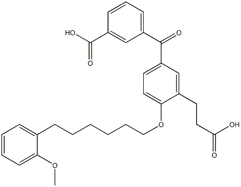 5-(3-カルボキシベンゾイル)-2-[6-(2-メトキシフェニル)ヘキシルオキシ]ベンゼンプロパン酸 化学構造式