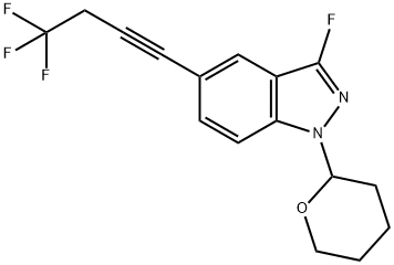 1H-Indazole,3-fluoro-1-(tetrahydro-2H-pyran-2-yl)-5-(4,4,4-trifluoro-1-butyn-1-yl)- Struktur