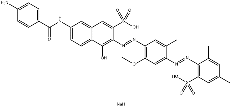 2-Naphthalenesulfonic acid, 7-[(4-aminobenzoyl)amino]-3-[[4-[(2,4-dimethyl-6-sulfophenyl)azo]-2-methoxy-5-methylphenyl]azo]-4-hydroxy-, disodium salt Structure