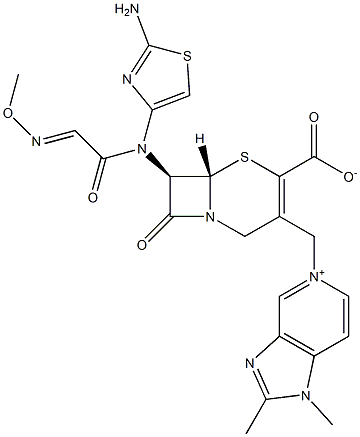 (7R)-7-[(2-アミノ-4-チアゾリル)(メトキシイミノ)アセチルアミノ]-3-[[1,2-ジメチル-(1H-イミダゾ[4,5-c]ピリジン-5-イウム)-5-イル]メチル]セファム-3-エン-4-カルボン酸 化学構造式