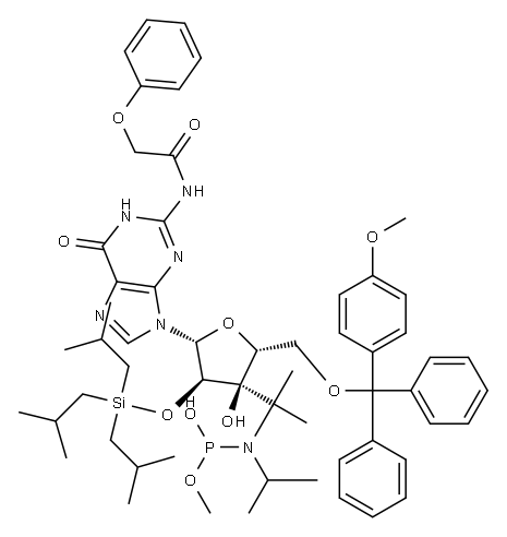 5'-O-[(4-メトキシフェニル)ジフェニルメチル]-2'-O-(トリイソブチルシリル)-N-フェノキシアセチルグアノシン-3'-(ジイソプロピルアミノ亜ホスホン酸メチル) 化学構造式