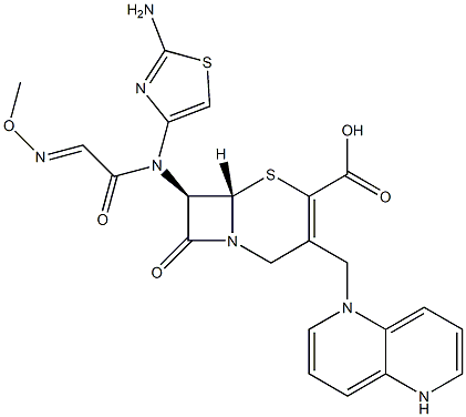 (7R)-7-[(2-アミノ-4-チアゾリル)(メトキシイミノ)アセチルアミノ]-3-[[(1,5-ナフチリジン-1-イウム)-1-イル]メチル]セファム-3-エン-4-カルボン酸 化学構造式