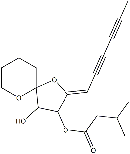 2-[(Z)-2,4-ヘキサジイニリデン]-3-イソバレリルオキシ-1,6-ジオキサスピロ[4.5]デカン-4-オール 化学構造式