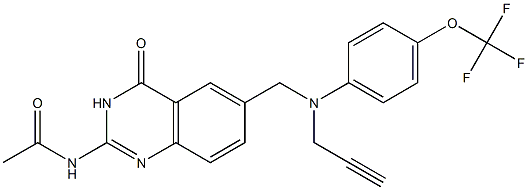 2-アセチルアミノ-6-[N-(4-トリフルオロメトキシフェニル)-N-(2-プロピニル)アミノメチル]キナゾリン-4(3H)-オン 化学構造式