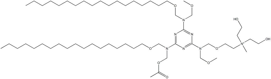 N,N-ビス(2-ヒドロキシエチル)-N-メチル-N-[2-[N-[4-(N-アセトキシメチル-N-オクタデシルオキシメチルアミノ)-6-(N-メトキシメチル-N-オクタデシルオキシメチルアミノ)-1,3,5-トリアジン-2-イル]-N-メトキシメチルアミノメトキシ]エチル]アミニウム 化学構造式
