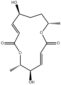 1,7-Dioxacyclotetradeca-3,9-diene-2,8-dione, 5,11-dihydroxy-6,14-dimethyl-, (3E,5R,6S,9E,11S,14S)- Structure