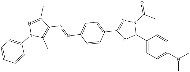 4-アセチル-5-[4-(ジメチルアミノ)フェニル]-4,5-ジヒドロ-2-[4-[(3,5-ジメチル-1-フェニル-1H-ピラゾール-4-イル)アゾ]フェニル]-1,3,4-オキサジアゾール 化学構造式