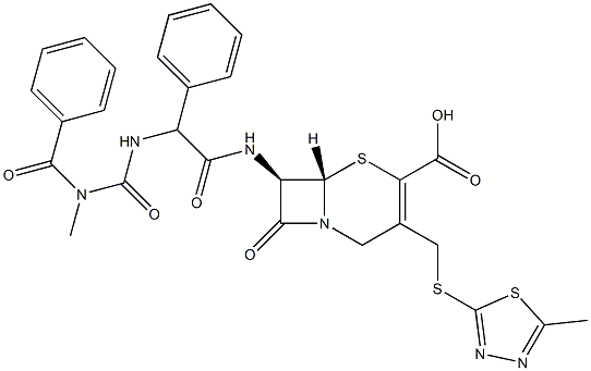 (7R)-7-[2-(3-ベンゾイル-3-メチルウレイド)-2-フェニルアセチルアミノ]-3-[(5-メチル-1,3,4-チアジアゾール-2-イル)チオメチル]セファム-3-エン-4-カルボン酸 化学構造式