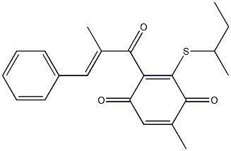 2-[(E)-3-フェニル-2-メチルプロペノイル]-5-メチル-3-(1-メチルプロピル)チオ-1,4-ベンゾキノン 化学構造式