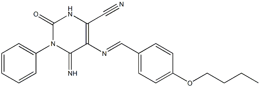 5-{[(E)-(4-butoxyphenyl)methylidene]amino}-6-imino-2-oxo-1-phenyl-1,2,3,6-tetrahydro-4-pyrimidinecarbonitrile Struktur