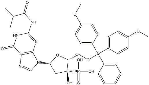5'-O-(4,4'-ジメトキシトリチル)-N-イソブチリル-2'-デオキシグアノシン3'-チオホスホン酸 化学構造式