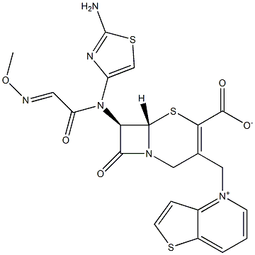 (7R)-7-[(2-アミノ-4-チアゾリル)(メトキシイミノ)アセチルアミノ]-3-[[(チエノ[3,2-b]ピリジン-4-イウム)-4-イル]メチル]セファム-3-エン-4-カルボン酸 化学構造式