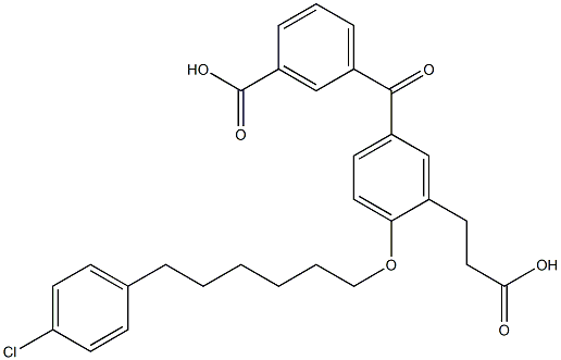 5-(3-カルボキシベンゾイル)-2-[6-(4-クロロフェニル)ヘキシルオキシ]ベンゼンプロパン酸 化学構造式