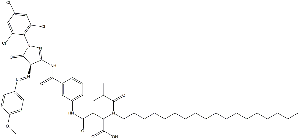 (2R)-3-{[3-({4-[2-(4-メトキシフェニル)ジアゼン-1-イル]-5-オキソ-1-(2,4,6-トリクロロフェニル)-4,5-ジヒドロ-1H-ピラゾール-3-イル}カルバモイル)フェニル]カルバモイル}-2-(2-メチル-N-オクタデシルプロパンアミド)プロパン酸 化学構造式