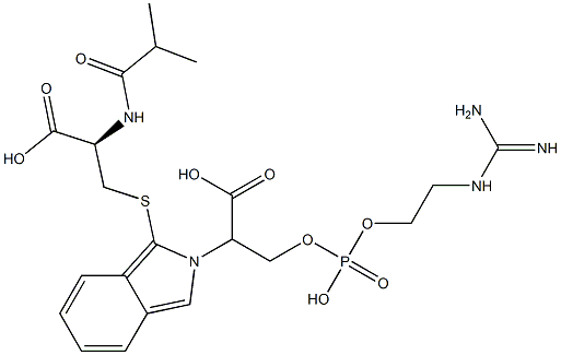 S-[2-[2-[[[2-[[アミノ(イミノ)メチル]アミノ]エトキシ]ホスホニル]オキシ]-1-カルボキシエチル]-2H-イソインドール-1-イル]-N-イソブチリル-L-システイン 化学構造式