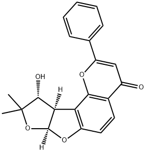 rel-(7aα*,10α*,10aα*)-7a,9,10,10a-テトラヒドロ-10-ヒドロキシ-9,9-ジメチル-2-フェニル-4H-フロ[3',2':4,5]フロ[2,3-h]-1-ベンゾピラン-4-オン 化学構造式