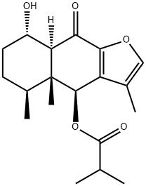 2-メチルプロパン酸[(4S)-4,4a,5,6,7,8,8aα,9-オクタヒドロ-8α-ヒドロキシ-3,4aβ,5-トリメチル-9-オキソナフト[2,3-b]フラン-4β-イル] 化学構造式