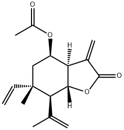 (3aR,7aα)-4α-アセトキシ-6β-ビニル-3a,4,5,6,7,7a-ヘキサヒドロ-6-メチル-3-メチレン-7α-(1-メチルビニル)ベンゾフラン-2(3H)-オン 化学構造式