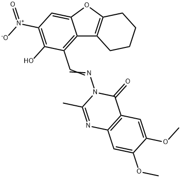 4(3H)-Quinazolinone,6,7-dimethoxy-2-methyl-3-[[(6,7,8,9-tetrahydro-2-hydroxy-3-nitro-1-dibenzofuranyl)methylene]amino]-(9CI) Structure