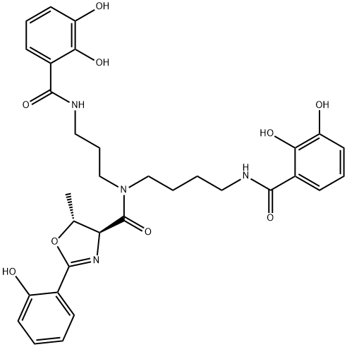 (4S,5R)-N-[4-[(2,3-ジヒドロキシベンゾイル)アミノ]ブチル]-N-[3-[(2,3-ジヒドロキシベンゾイル)アミノ]プロピル]-2-(2-ヒドロキシフェニル)-4,5-ジヒドロ-5-メチル-4-オキサゾールカルボアミド 化学構造式