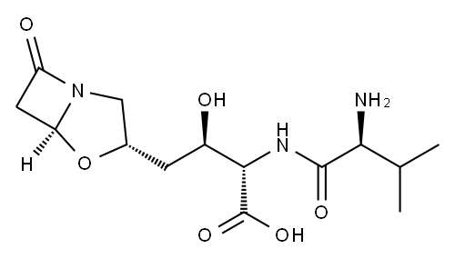 β-[(2-アミノ-3-メチル-1-オキソブチル)アミノ]-α-ヒドロキシ-7-オキソ-4-オキサ-1-アザビシクロ[3.2.0]ヘプタン-3-ブタン酸 化学構造式