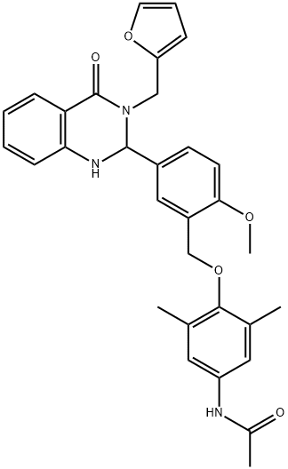 N-[4-({5-[3-(フラン-2-イルメチル)-4-オキソ-1,2-ジヒドロキナゾリン-2-イル]-2-メトキシフェニル}メトキシ)-3,5-ジメチルフェニル]アセトアミド 化学構造式