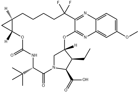(33R,34S,35S,91R,92R,5S,E)-5-(tert-butyl)-34-ethyl-14,14-difluoro-17-methoxy-4,7-dioxo-2,8-dioxa-6-aza-1(2,3)-quinoxalina-3(3,1)-pyrrolidina-9(1,2)-cyclopropanacyclotetradecaphane-35-carboxylic acid Structure