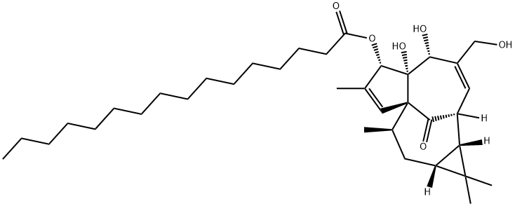 Palmitic acid (1aR)-1aα,2β,5,5a,6,9,10,10aα-octahydro-5β,5aβ-dihydroxy-4-hydroxymethyl-1,1,7,9α-tetramethyl-11-oxo-1H-2α,8aα-methanocyclopenta[a]cyclopropa[e]cyclodecen-6β-yl ester Struktur