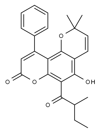 5-ヒドロキシ-2,2-ジメチル-6-(2-メチル-1-オキソブチル)-10-フェニル-2H,8H-ベンゾ[1,2-b:3,4-b']ジピラン-8-オン 化学構造式