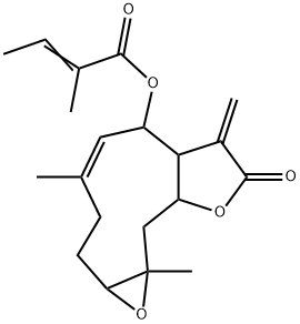 2-メチル-2-ブテン酸1a,2,3,6,6a,7,8,9a,10,10a-デカヒドロ-4,10a-ジメチル-7-メチレン-8-オキソオキシレノ[8,9]シクロデカ[1,2-b]フラン-6-イル 化学構造式