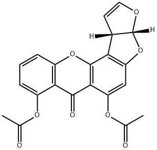 (3aR,12cS)-3a,12c-ジヒドロ-6,8-ジヒドロキシ-7H-フロ[3',2':4,5]フロ[2,3-c]キサンテン-7-オン=ジアセタート 化学構造式