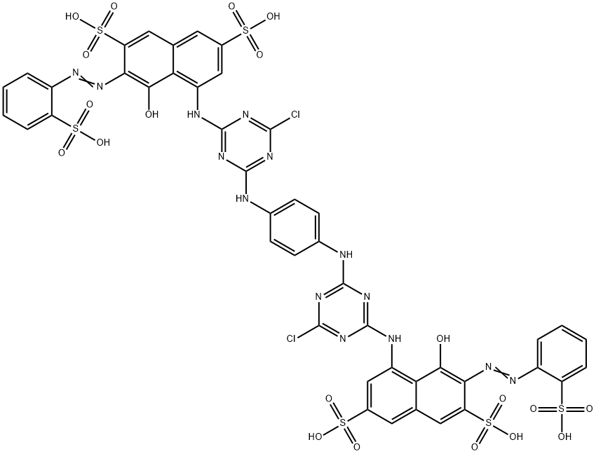 1,1'-[4,1-フェニレンビスイミノビス(4-クロロ-1,3,5-トリアジン-2,6-ジイルイミノ)]ビス[7-[(2-スルホフェニル)アゾ]-8-ヒドロキシナフタレン-3,6-ジスルホン酸] 化学構造式
