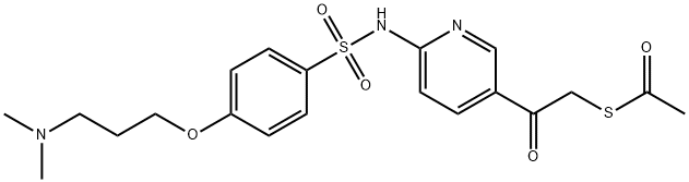 N-{5-[2-(アセチルスルファニル)アセチル]ピリジン-2-イル}-4-[3-(ジメチルアミノ)プロポキシ]ベンゼンスルホンアミド 化学構造式