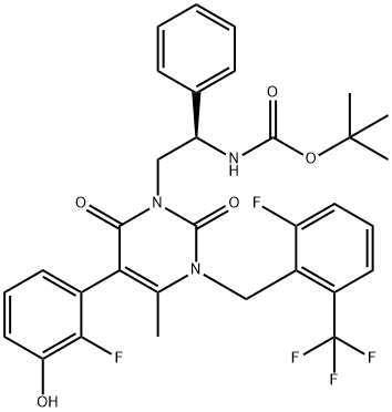 Carbamic acid, N-[(1R)-2-[5-(2-fluoro-3-hydroxyphenyl)-3-[[2-fluoro-6-(trifluoromethyl)phenyl]methyl]-3,6-dihydro-4-methyl-2,6-dioxo-1(2H)-pyrimidinyl]-1-phenylethyl]-, 1,1-dimethylethyl ester Structure