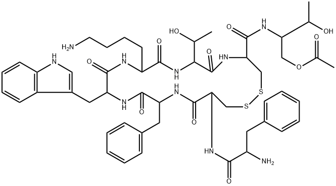 L-Cysteinamide, D-phenylalanyl-L-cysteinyl-L-phenylalanyl-D-tryptophyl-L-lysyl-L-threonyl-N-[1-[(acetyloxy)methyl]-2-hydroxypropyl]-, cyclic (2→7)-disulfide, [R-(R*,R*)]- (9CI), 133304-81-1, 结构式