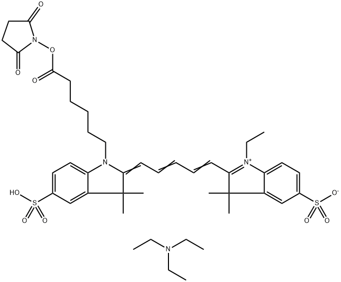 2-(5-(1-(6-((2,5-二氧代吡咯烷-1-基)氧基)-6-氧代己基)-3,3-二甲基-5-磺酸基吲哚-2-亚基)戊-1,3-二烯-1-基)-1-乙基-3,3-二甲基-3H-吲哚-1-鎓-5-磺酸三乙胺盐, 1497420-70-8, 结构式