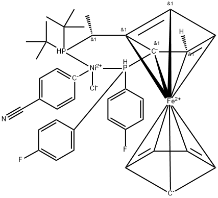 CHLORO(4-CYANOPHENYL){(R)-1-[(S)-2-(BIS(4-FLUOROPHENYL)PHOSPHINOFERROCENYL]ETHYL(DI-T-BUTYLPHOSPHINE)}NICKEL(II), 2049086-37-3, 结构式